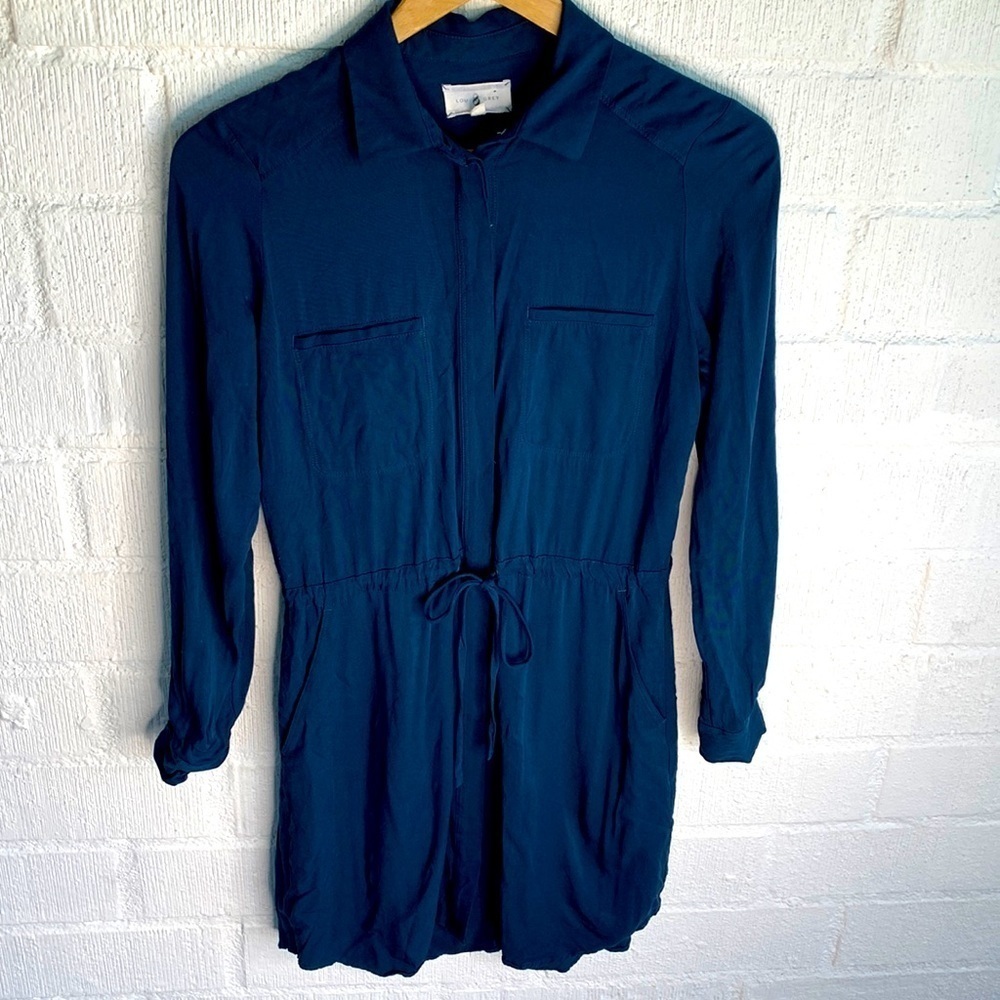 Lou & Grey Long Sleeve lBlue Button Down Drawstring Mini Dress sz XS